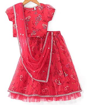 Babyhug Half Sleeve Tafetta Printed Choli with Lehenga  and Dupatta with Embroidery - Red