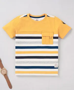 Ed a Mamma Cotton Woven Half Sleeves Striped T-Shirt - Yellow