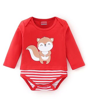 Babyhug 100% Cotton Knit Full Sleeves Onesie Stripes & Fox Print - Red
