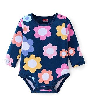 Babyhug 100% Cotton Full Sleeves Onesies With Floral Print - Navy Blue