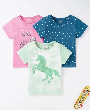 Ed-a-Mamma Pack of 3 Short Sleeves Unicorn And Polka Print T Shirts - Pink Blue Green