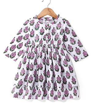 Babyhug 100% Cotton Woven  Three Fourth Sleeves Floral Printed Ethnic Dress with Sequin Detailing on Yoke - White