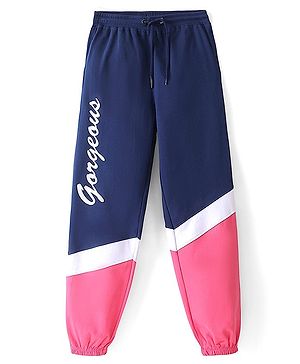 Pine Kids 100% Cotton Terry Knit Full Length Cut & Sew Jogger Text Print - Navy Peony
