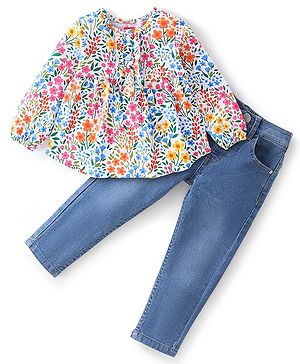 Babyhug 100% Cotton Knit Full Sleeves Top & Jeans With Floral Print - White & Blue