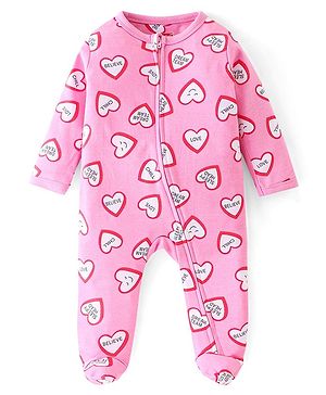Babyhug Cotton Interlock Knit Full Sleeves Footed Sleep Suit Heart Print - Pink