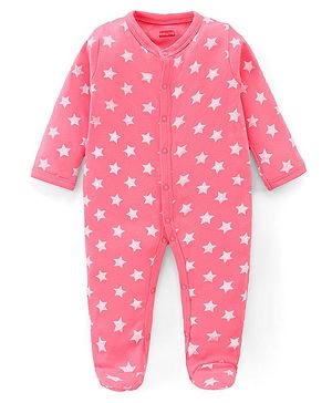 Babyhug Cotton Knit Full Sleeves Footed Sleep Suit With Star Print - Pink