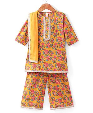 Babyhug 100% Cambric Full Sleeve All Over Printed Kurti Palazoa With Solid Chiffon Dupatta Set- Yellow