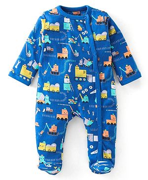 Babyhug Cotton Knit Full Sleeves Construction Vehicles Printed Footed Sleep Suit - Blue
