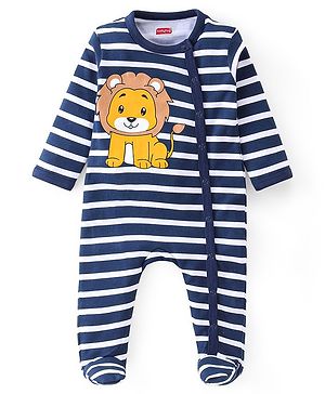 Babyhug Cotton Interlock Knit Full Sleeves Footed Sleep Suit Stripes & Lion Print - Navy Blue