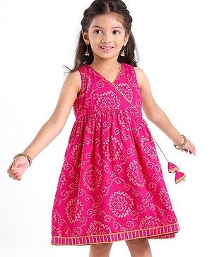 Babyhug 100% Cotton Sleeveless  Bandhani Printed Ethnic Overlap Dress - Fuschia