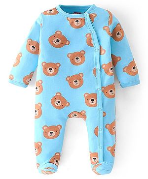 Babyhug Cotton Knit Full Sleeves Footed Sleep Suit Teddy Print - Blue