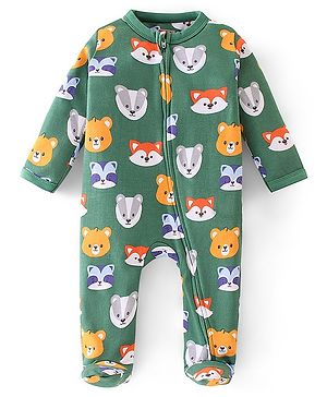 Babyhug Cotton Knit Full Sleeves Footed Sleep Suit Animals Print - Green