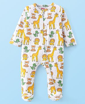Babyhug Cotton Knit Full Sleeves Sleepsuit Animals Print - White