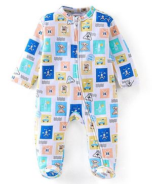 Babyhug Cotton Knit Full Sleeves Footed Sleep Suit Animals Print - White