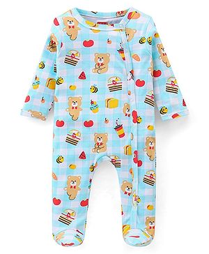 Babyhug Cotton Knit Full Sleeves Footed Sleep Suit With Teddy Print - Blue