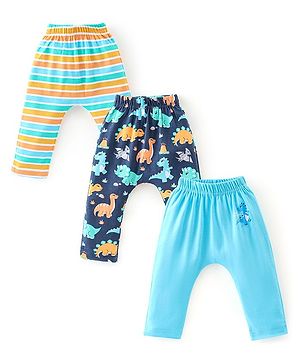 Babyhug Cotton Knit Full Length Striped & Dino Printed Diaper Pants Pack of 3 - Multicolour