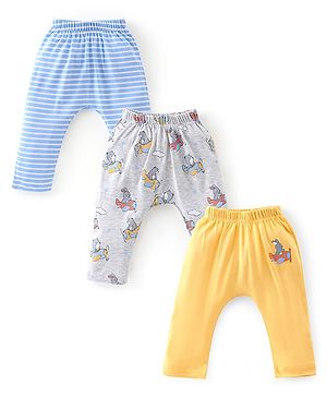 Babyhug Cotton Knit Full Length Striped & Bear Printed Diaper Pants Pack of 3 - Multicolour