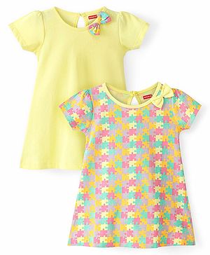 Babyhug Cotton Knit Short Sleeves Frocks with Bow Jigsaw Print Pack of 2 - Multicolor
