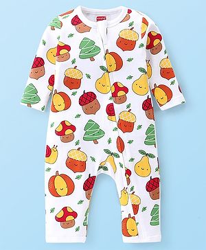 Babyhug 100% Cotton Knit Romper Fruits Print - White