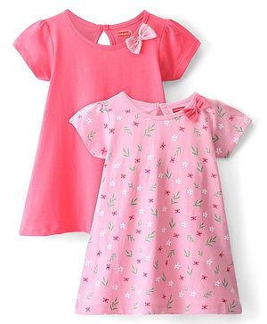 Babyhug 100% Cotton Knit Half Sleeves Frock Floral Print Pack of 2 - Pink