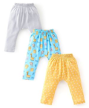 Babyhug Cotton Knit Full Length Striped & Jungle Printed Diaper Pants Pack of 3 - Multicolour
