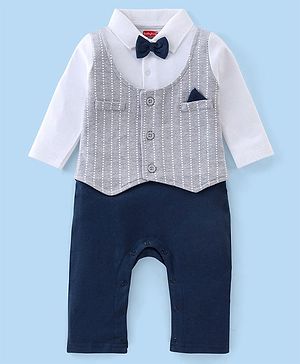 Babyhug Cotton Knit Full Sleeves Striped Partywear Romper with Bow - Navy & White
