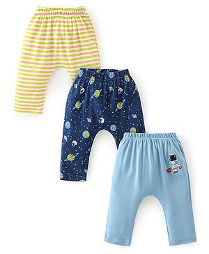 Babyhug Cotton Knit Full Length Diaper Pants Striped & Astronaut Print Pack Of 3 - Multicolour
