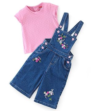 Babyhug 100% Cotton Knit Half Sleeves T-Shirt & Dungaree With Floral Embroidery - Pink & Navy Blue