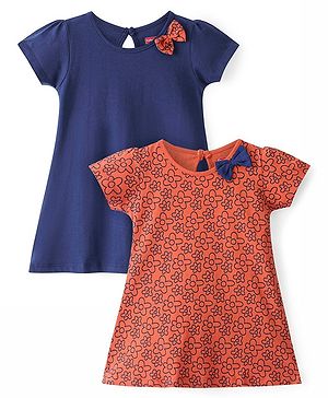 Babyhug Cotton Knit Short Sleeves Frocks with Bow Floral Print Pack of 2 - Multicolor