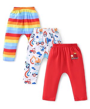 Babyhug Cotton Knit Full Length Diaper Pants Striped & Car Print Pack Of 3 - Red & White