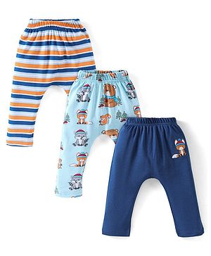 Babyhug Cotton Full Length Diaper Pants Striped & Teddy Print Pack Of 3 - White & Blue