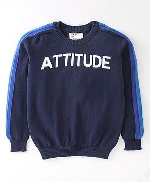 Smarty Boys 100% Cotton Flatknitted Full Sleeves Sweater With Text Print - Black & Blue