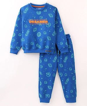 Smarty Boys Fleece Full Sleeves Night Suit With Space Theme Print - Royal Blue