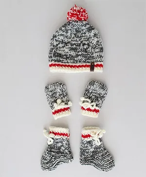 Woonie Hand Knitted Shaded Cap With Coordinating  Mittens And Booties Set - Grey