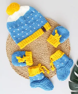 Woonie Hand Knitted Pom Pom Detailed Cap With Matching Mittens And Booties Set - Blue