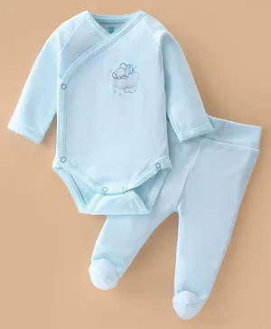 I Bears Cotton Knit Full Sleeves Bear Printed Oneise with Bootie Leggings - Blue