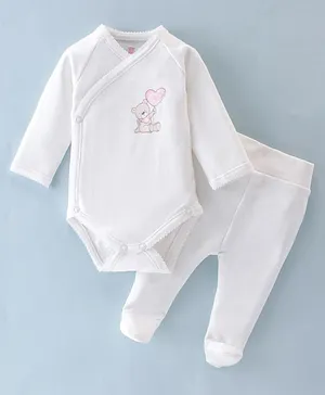I Bears Cotton Knit Full Sleeves Teddy Printed Oneise with Bootie Leggings - Off White