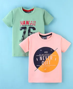 Dapper Dudes Pack Of 2 Half Sleeves Never Quit & Hawaii Text Printed Tees - Pista Green & Peach