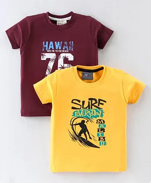 Dapper Dudes Pack Of 2 Half Sleeves Surf Everyday & Hawaii Text Printed Tees - Yellow & Wine Maroon