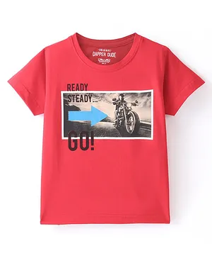 Dapper Dudes Half Sleeves Ready Steady Go Text Printed Tee - Red