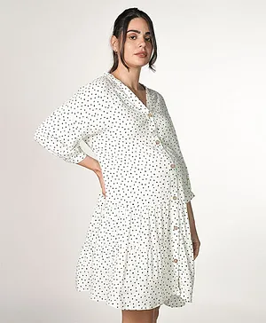 Ed-a-Mamma Full Sleeves Polkots Printed Maternity Nursing  Dress - Off White