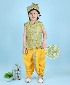 KIDS FARM Silk Sleeveless Ethnic Motif Printed &    Sequin Embellished Kurta With Coordinating  Dhoti  & Saafa - Yellow