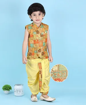 KIDS FARM Silk Sleeveless Floral Block Motif Printed And Sequined Embellished Kurta With Coordinating Dhoti  - Yellow