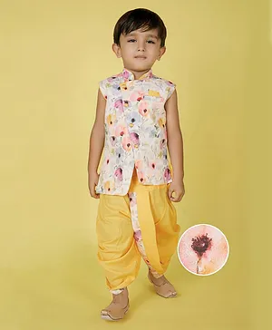 KIDS FARM 100% Cotton Sleeveless Floral Printed Asymmetrical Kurta With Dhoti - Yellow
