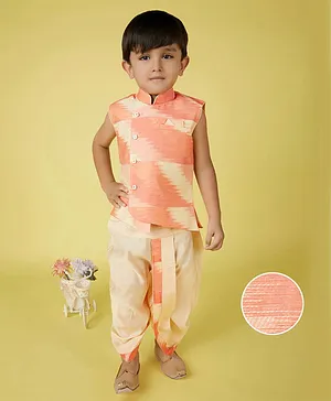 KIDS FARM Chanderi Silk Sleeveless Textured Asymmetrical Kurta With Coordinating Dhoti - Peach
