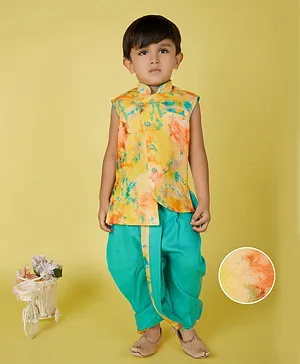 KIDS FARM 100% Cotton Sleeveless Colour Splashed Asymmetrical Kurta With Coordinating Dhoti - Green & Yellow