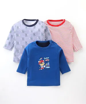 Pack Of 3 Full Sleeves Striped & Dogs Printed Tees - Blue Red