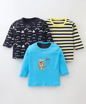 Pack Of 3 Full Sleeves Striped & Moustache Printed Tees - Blue Yellow