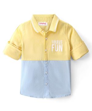 Babyhug Cotton Woven Full Sleeves Regular Rib Collar Text Printed Cut & Sew Shirt - Yellow & Blue