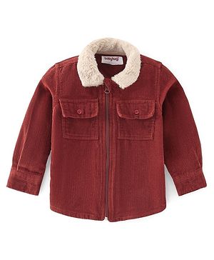 Babyhug 100% Cotton Full Sleeves Fur Collar Solid Corduroy Shirt with Front Zipper - Red